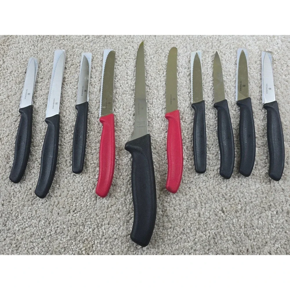 Victorinox Swiss Made Kitchen Knife Set 10pc Paring Serrated Fillet Black Red